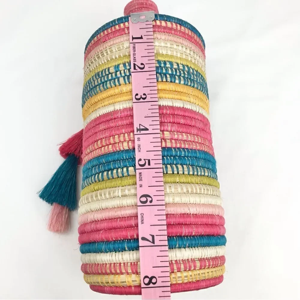 All Across Africa Handmade Colorful Woven Coil 11” Lidded Tassel Basket Canister
